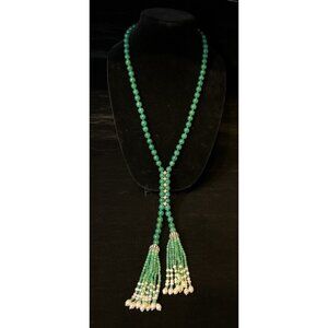 Vintage Green Agate & Cultured Pearl Tassel Statement Necklace 48” Long